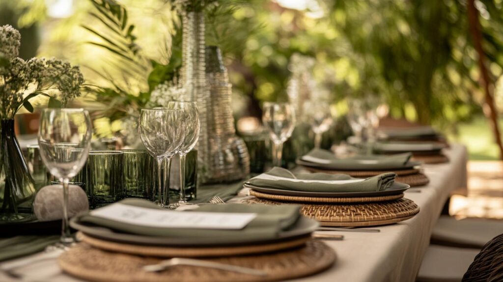 Buffet de ensueño: Decoración de mesa bambú con paleta verde y topo para bodas naturales